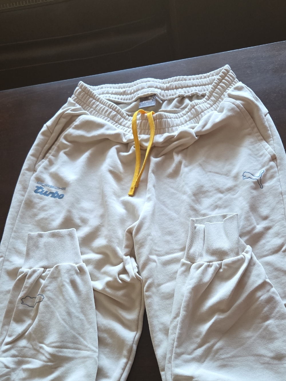 Puma Men's Cream Sweatpants with Yellow Drawstring Accent
